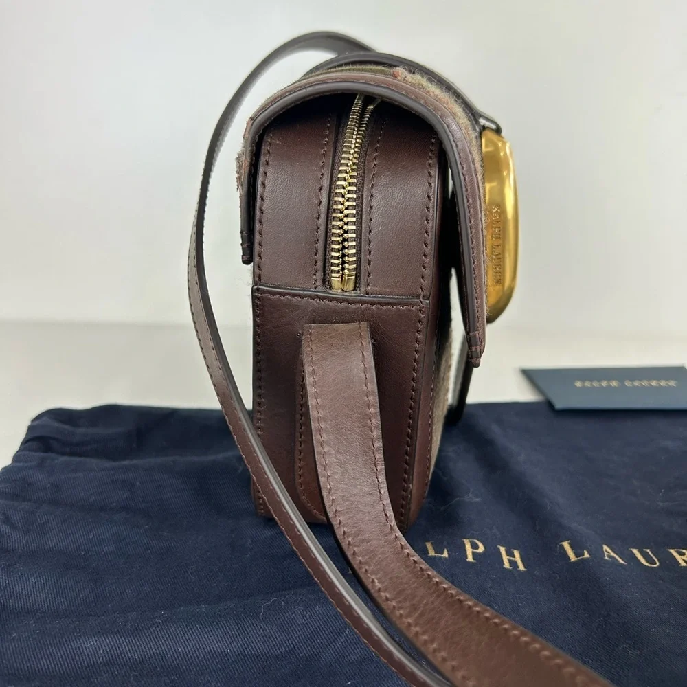 RARE POLO RALPH LAUREN WELLINGTON PATCHWORK TWEED CROSSBODY BAG PURSE BROWN - Picture 3 of 15